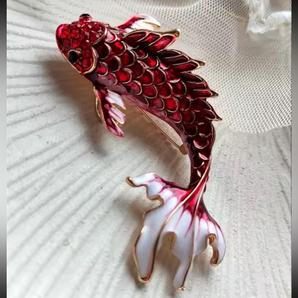 Koi Fish Maroon Red Gold Enamel Brooch – Symbol of Luck & Prosperity - Picture 3 of 8